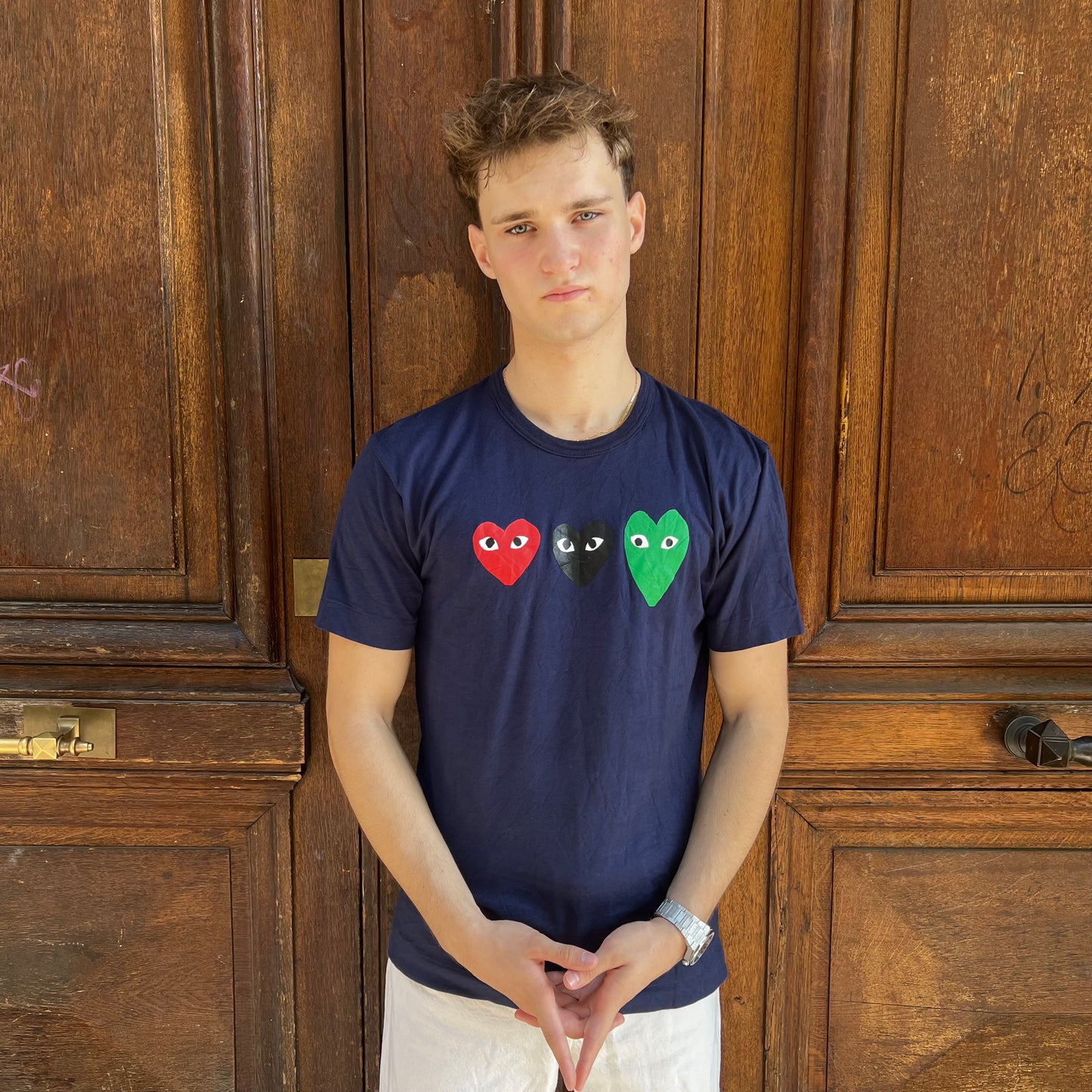 T-shirt Comme Des Garçons Navy Triple Coeur - L