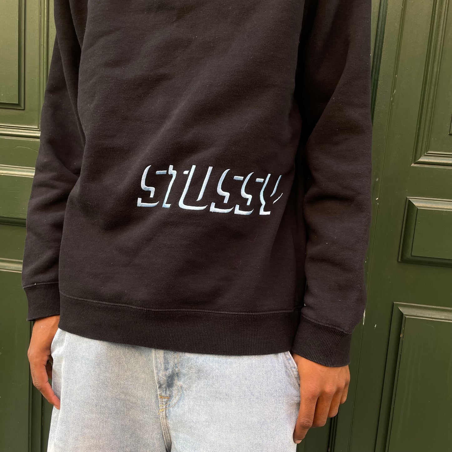 Black Stussy sweatshirt with sky blue embroidery - XL