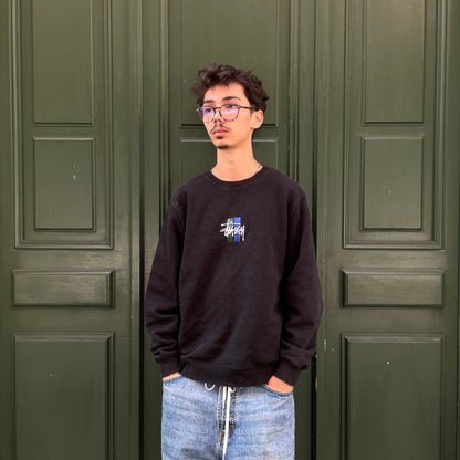 Black Stussy sweatshirt with green/blue embroidered logo - S