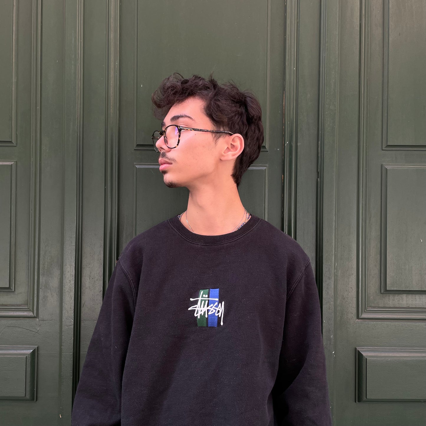 Black Stussy sweatshirt with green/blue embroidered logo - S