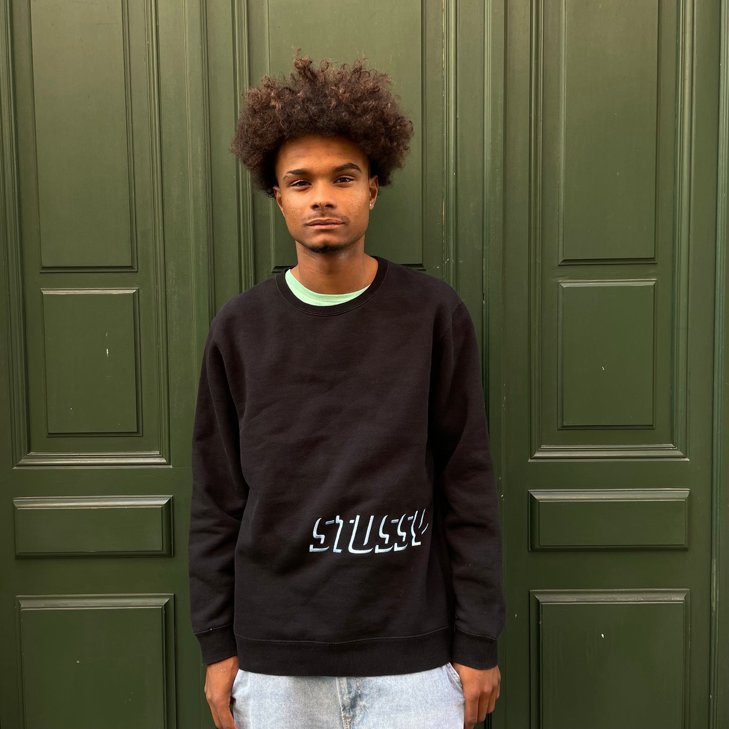 Black Stussy sweatshirt with sky blue embroidery - XL