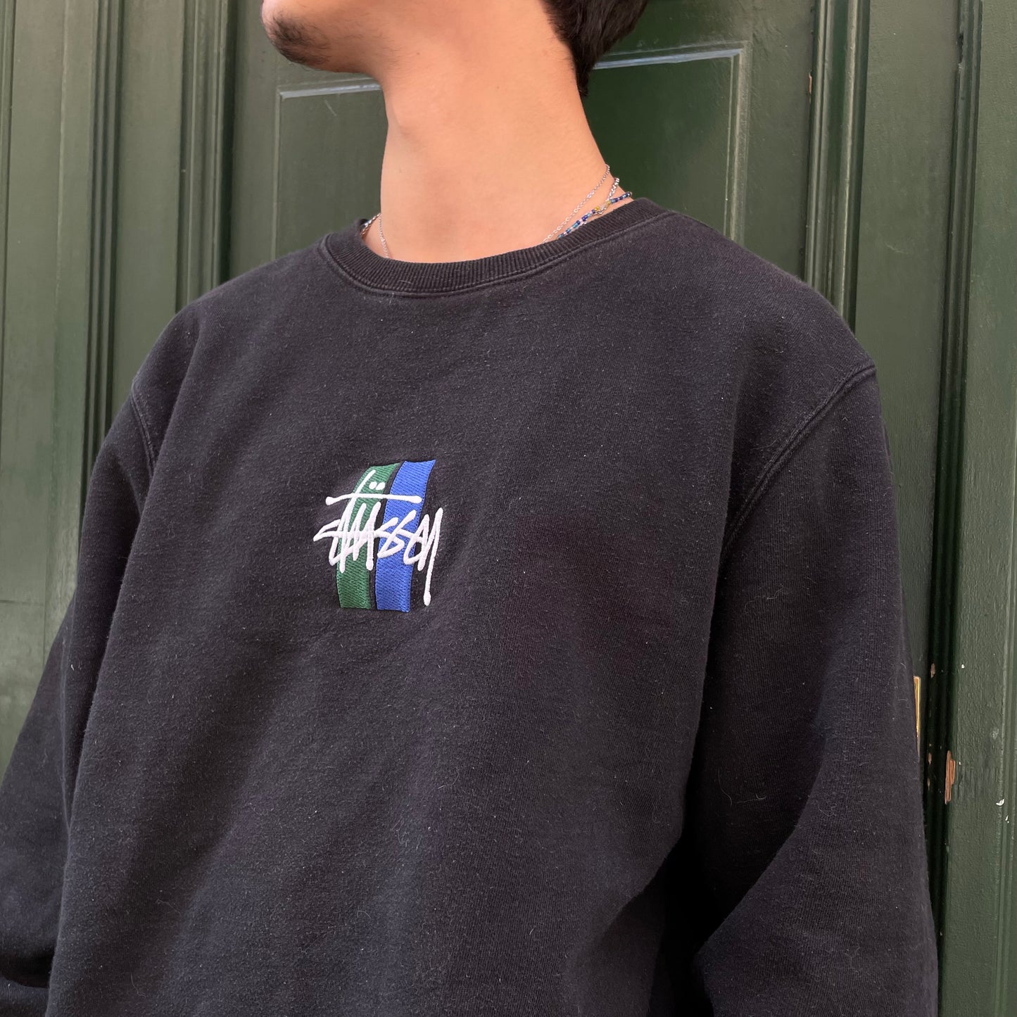 Black Stussy sweatshirt with green/blue embroidered logo - S