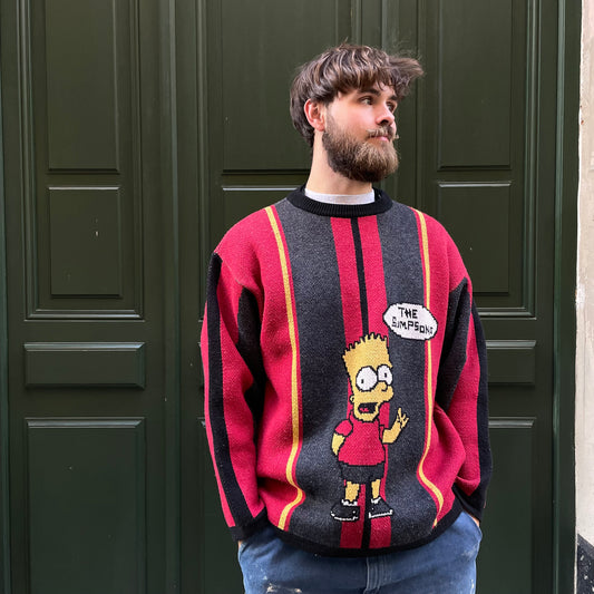 Pull Acrylique vintage Bart Simpson gris / rouge de 1998