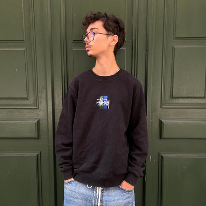 Black Stussy sweatshirt with green/blue embroidered logo - S