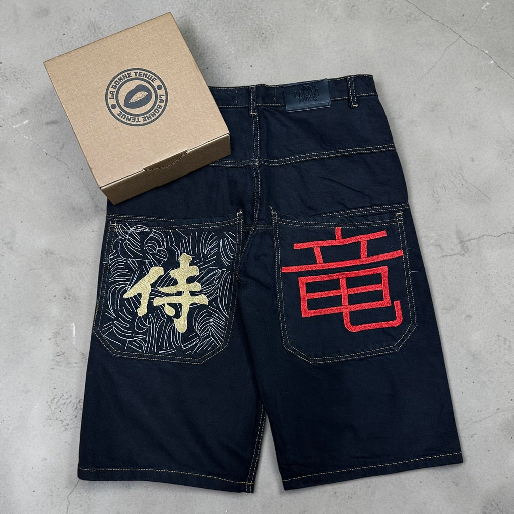Short denim brodé homme vintage avec vague japonaise rouge